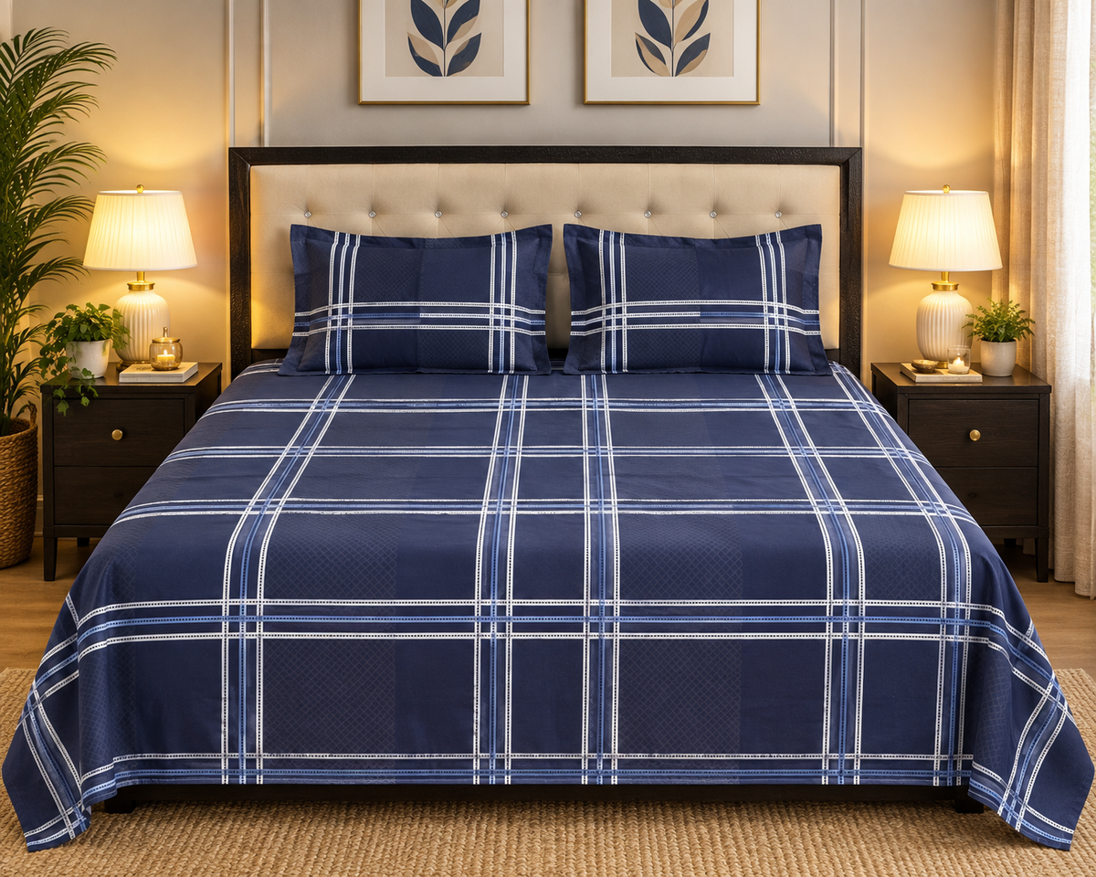 Navy Plaid Bedsheet Set - 3 pcs