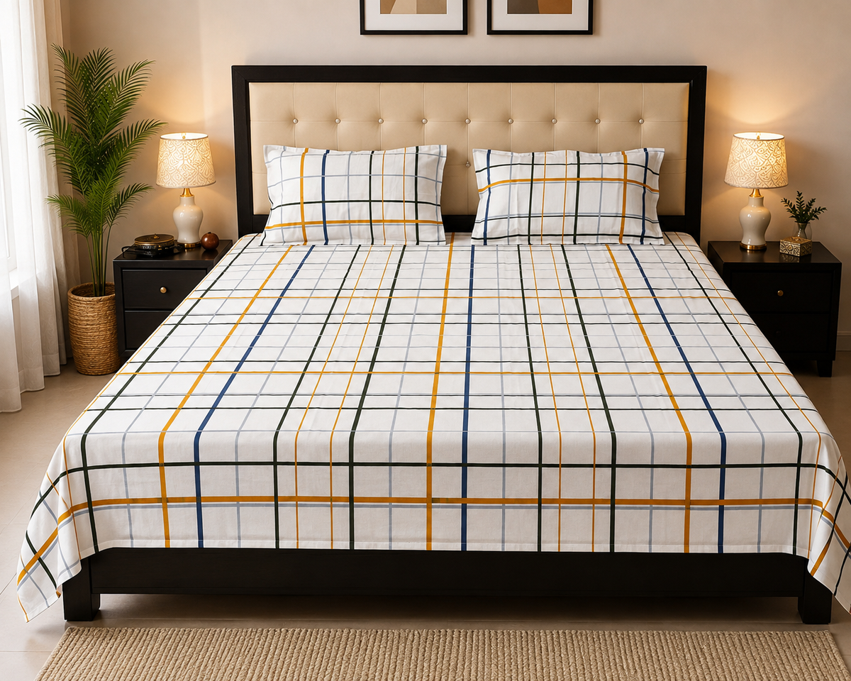 Classic Grid Lines Bedsheet Set - 3 Pcs