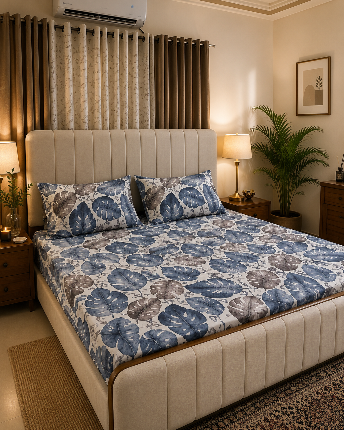 Blue Monstera Bedsheet Set - 3 pcs
