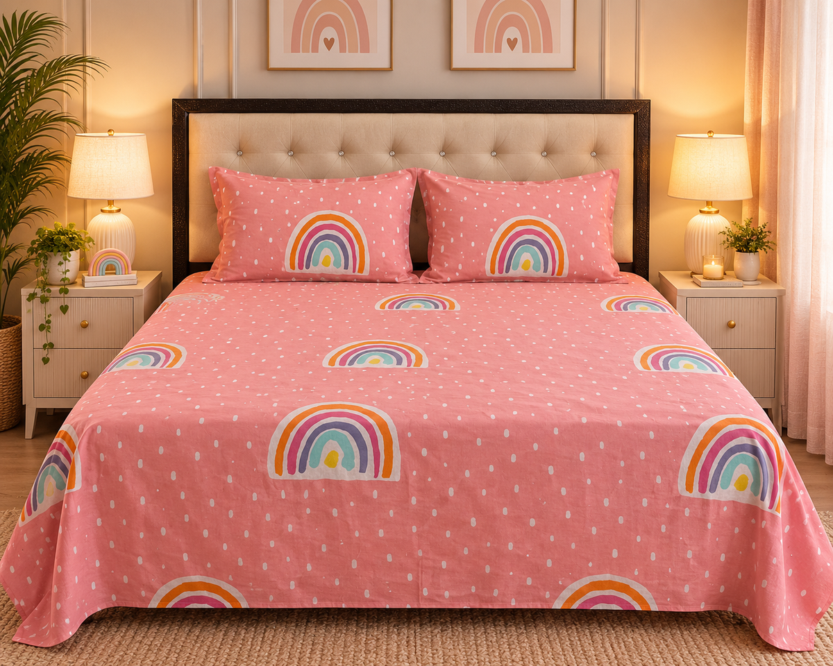 Pink Rainbow Bliss Bedsheet set - 3 Pcs