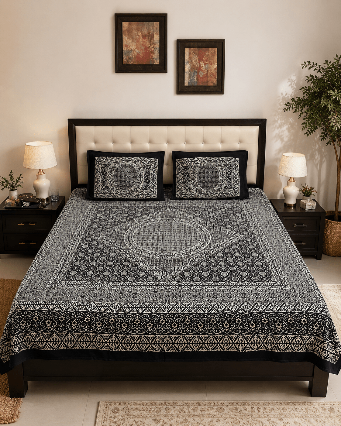 Ajrak Noir Bedsheet Set - 3pcs - Burgundy