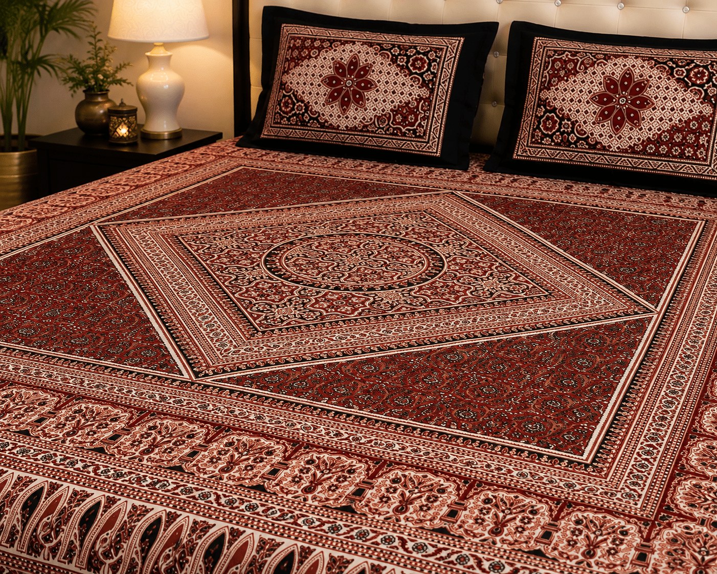 Ajrak Royale Bedsheet Set - 3pcs - Burgundy