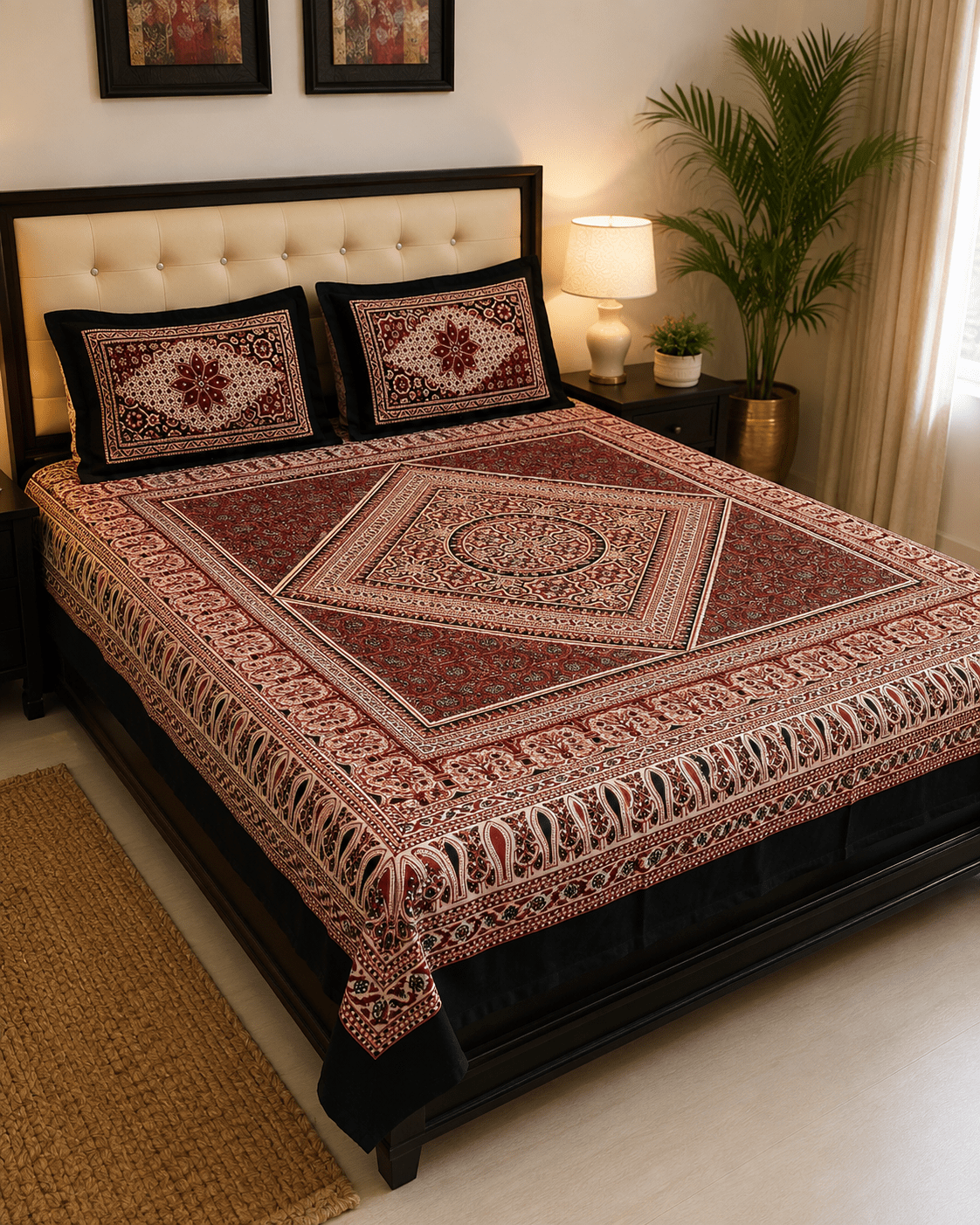 Ajrak Royale Bedsheet Set - 3pcs - Burgundy