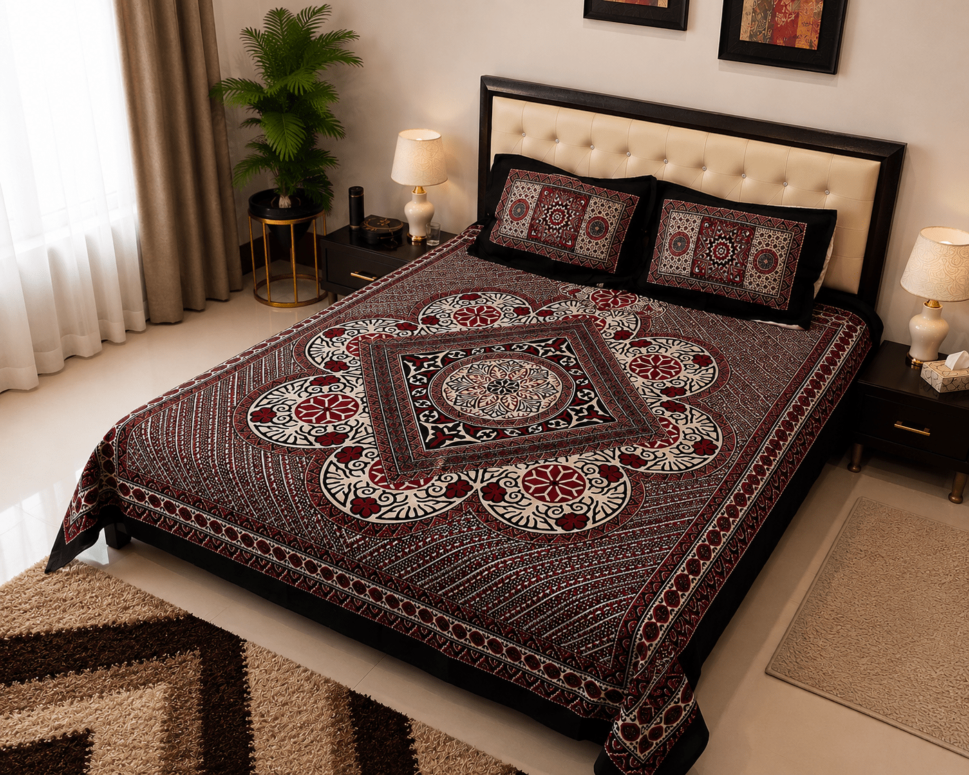 Ajrak Ruby Bedsheet Set - 3pcs - Burgundy