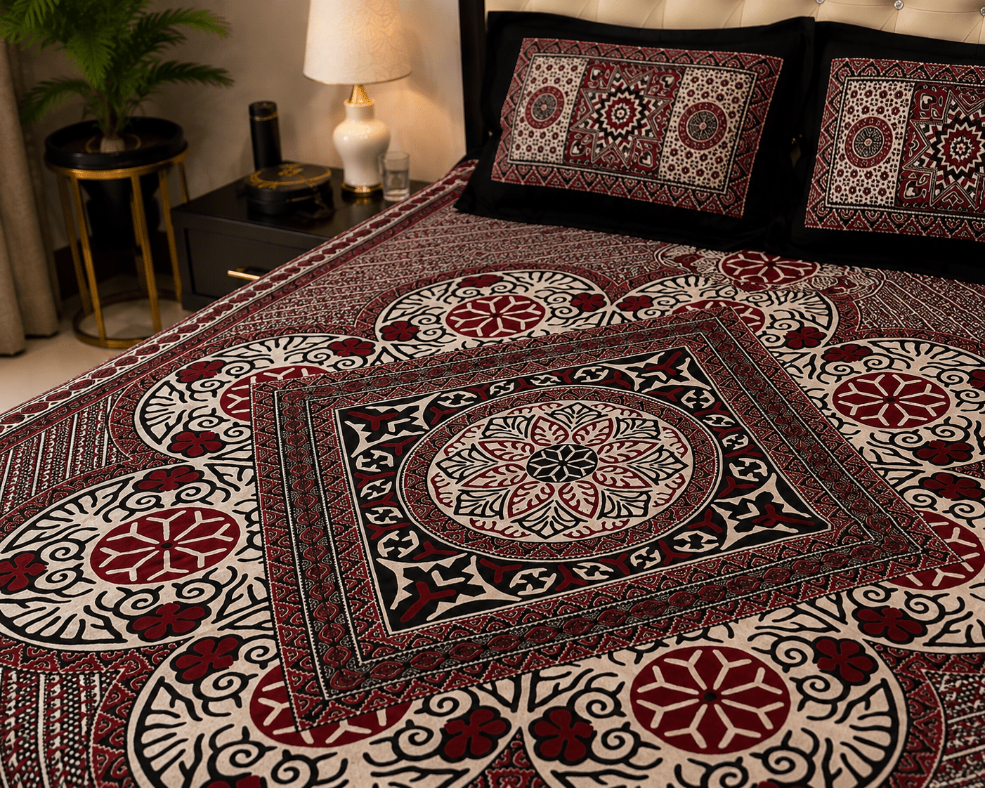 Ajrak Ruby Bedsheet Set - 3pcs - Burgundy