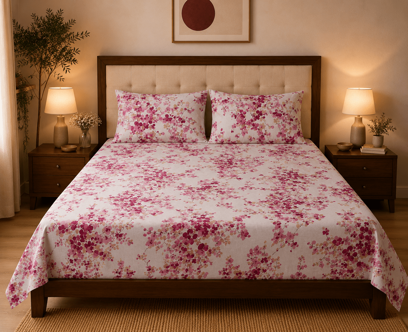 Cherry Blossom Bedsheet Set - 3pcs - Burgundy