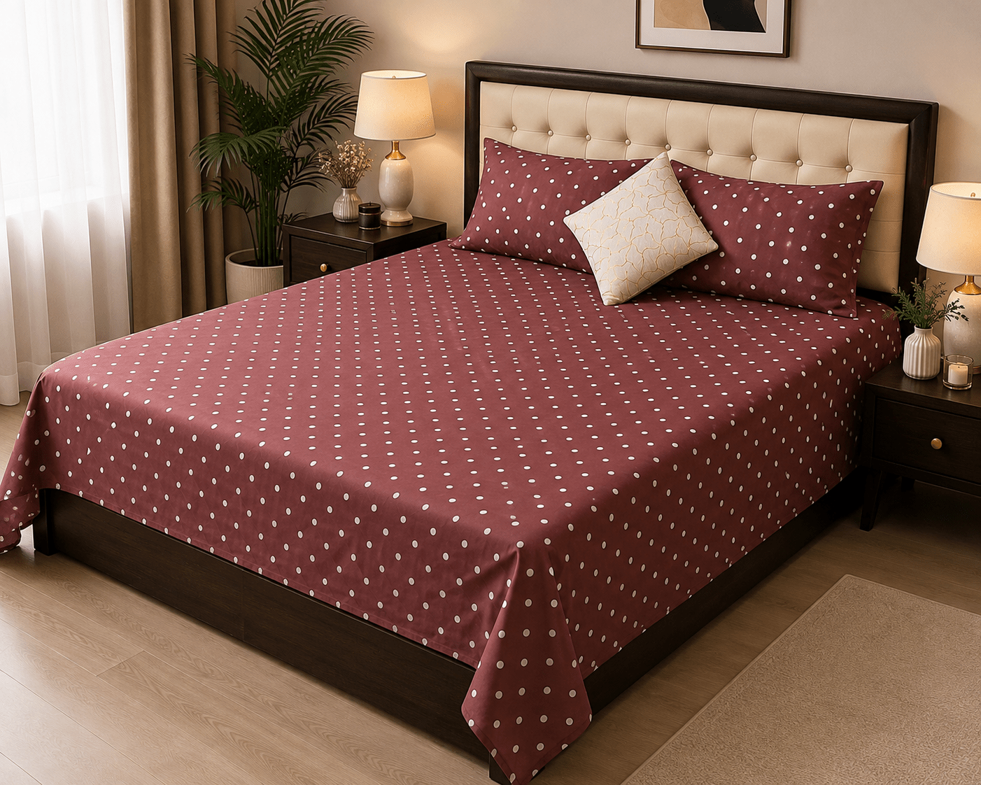 Polka Rouge Bedsheet Set - 3 Pcs - Burgundy