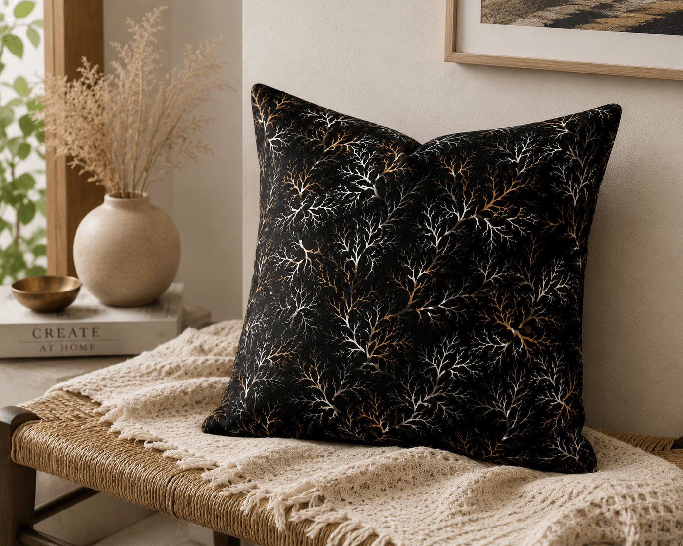 Velvet Foil Branch Cushion Cover - Pack Of 2 - Burgundy