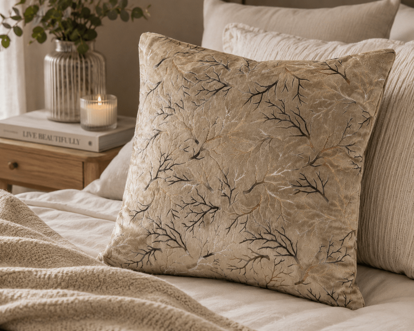 Velvet Foil Branch Cushion Cover - Pack Of 2 - Burgundy